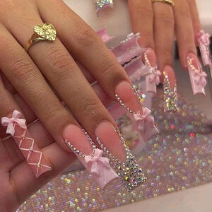 24Pcs Pink French Square Press-On Nails 3D Crystal Bow Glossy Full Cover Set sh